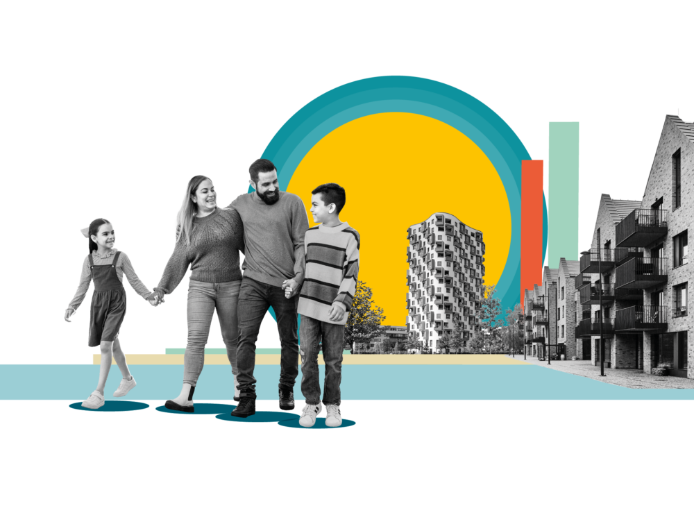 A black-and-white photo collage on a black background showing a family of four walking hand-in-hand on the left, flanked by modern residential apartment buildings on the right and a yellow and teal circular sun graphic in the centre.