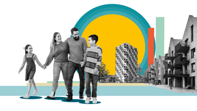 A black-and-white photo collage on a black background showing a family of four walking hand-in-hand on the left, flanked by modern residential apartment buildings on the right and a yellow and teal circular sun graphic in the centre.