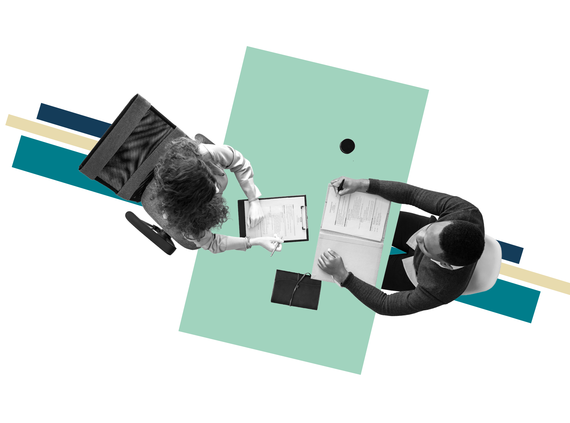 Overhead of two people looking over a document over abstract graphic.