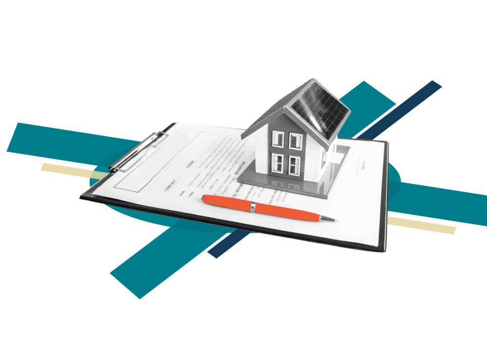 A model house with solar panels on a clipboard with a contract and an orange pen, styled with abstract teal graphics.