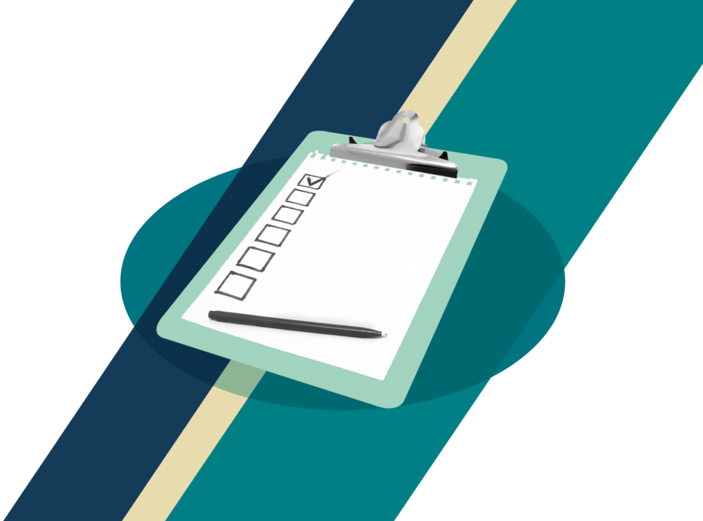 A mint green clipboard with a checklist showing one box checked and a black pen, set against a diagonal dark blue, cream, and teal graphic background.