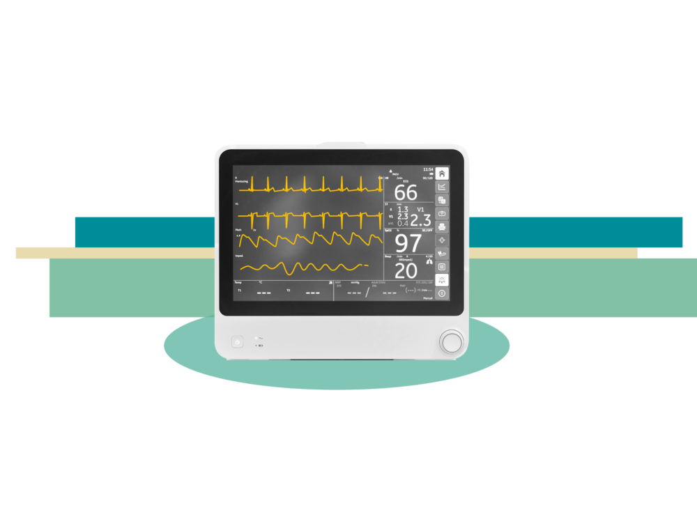 A white medical patient monitor displaying vital signs with yellow waveforms on a black screen, set against an abstract background of teal, beige, and light green horizontal shapes on a black field.