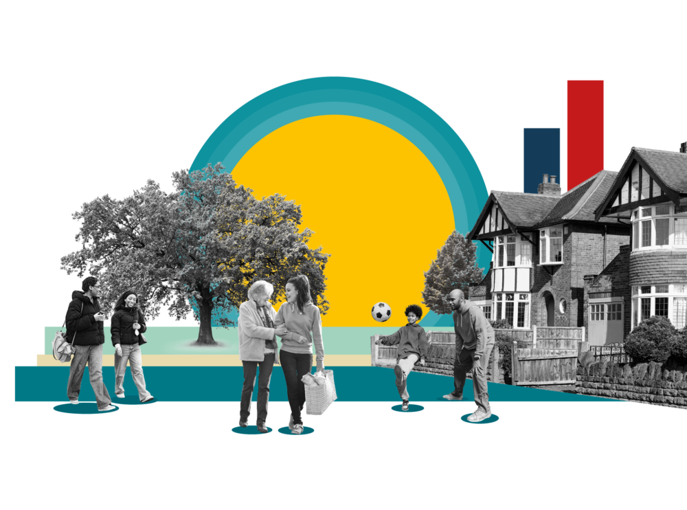 A black-and-white photo collage on a black background showing community scenes—including two friends walking, a caregiver assisting an older woman, and a father playing football with his child—set against a large tree, residential houses, and a yellow and teal sun graphic.