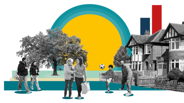 A black-and-white photo collage on a black background showing community scenes—including two friends walking, a caregiver assisting an older woman, and a father playing football with his child—set against a large tree, residential houses, and a yellow and teal sun graphic.