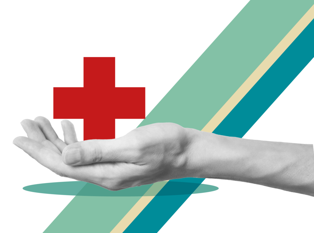 A black-and-white hand extended open, gently holding a large, solid red medical cross. The scene is set against an abstract background of a teal oval base and broad diagonal stripes in light green, beige, and dark blue on a solid black field.