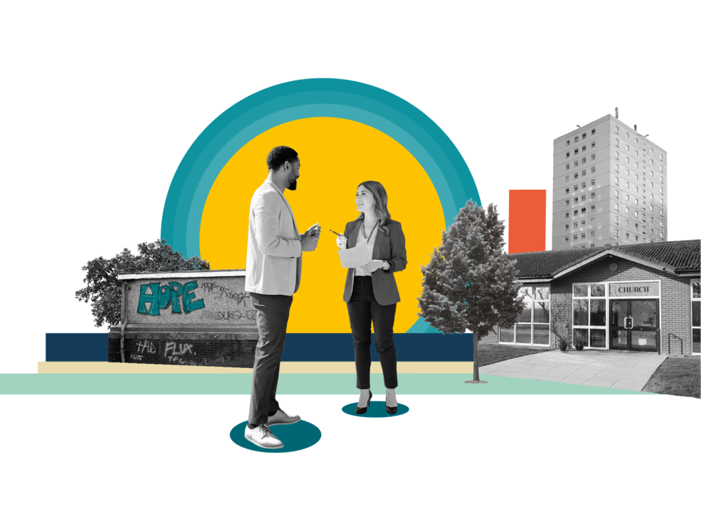 A black-and-white collage of a man and a woman talking in front of a yellow and teal semi-circle graphic, flanked by a "HOPE" graffiti wall on the left and a community church and high-rise building on the right.