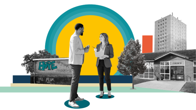 A black-and-white collage of a man and a woman talking in front of a yellow and teal semi-circle graphic, flanked by a "HOPE" graffiti wall on the left and a community church and high-rise building on the right.