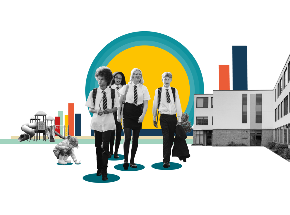 A black-and-white photo collage on a black background showing four students in school uniforms walking forward, framed by a playground on the left, a modern school building on the right, and a bright yellow and teal circular graphic in the background.