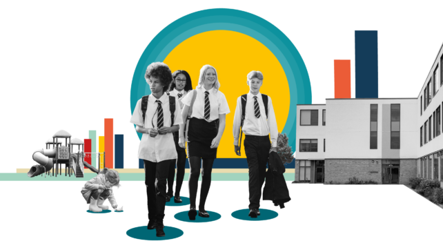 A black-and-white photo collage on a black background showing four students in school uniforms walking forward, framed by a playground on the left, a modern school building on the right, and a bright yellow and teal circular graphic in the background.
