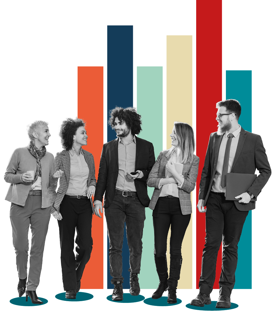 A black-and-white photo of five diverse business professionals walking together, each standing on a small teal circular graphic base against a black background with large, colourful vertical bar charts.