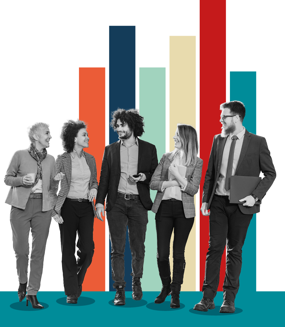 A black-and-white photo of five diverse business professionals walking and talking together, set against a black background with large, colorful vertical bar charts in orange, blue, green, cream, and red.