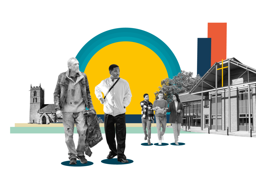 A black-and-white collage set on a black background, featuring people walking in the foreground framed by a historic stone church on the left, a modern church with a yellow cross on the right, and a bright yellow and teal circular sun graphic in the centre.