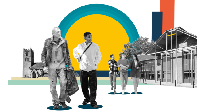 A black-and-white collage set on a black background, featuring people walking in the foreground framed by a historic stone church on the left, a modern church with a yellow cross on the right, and a bright yellow and teal circular sun graphic in the centre.
