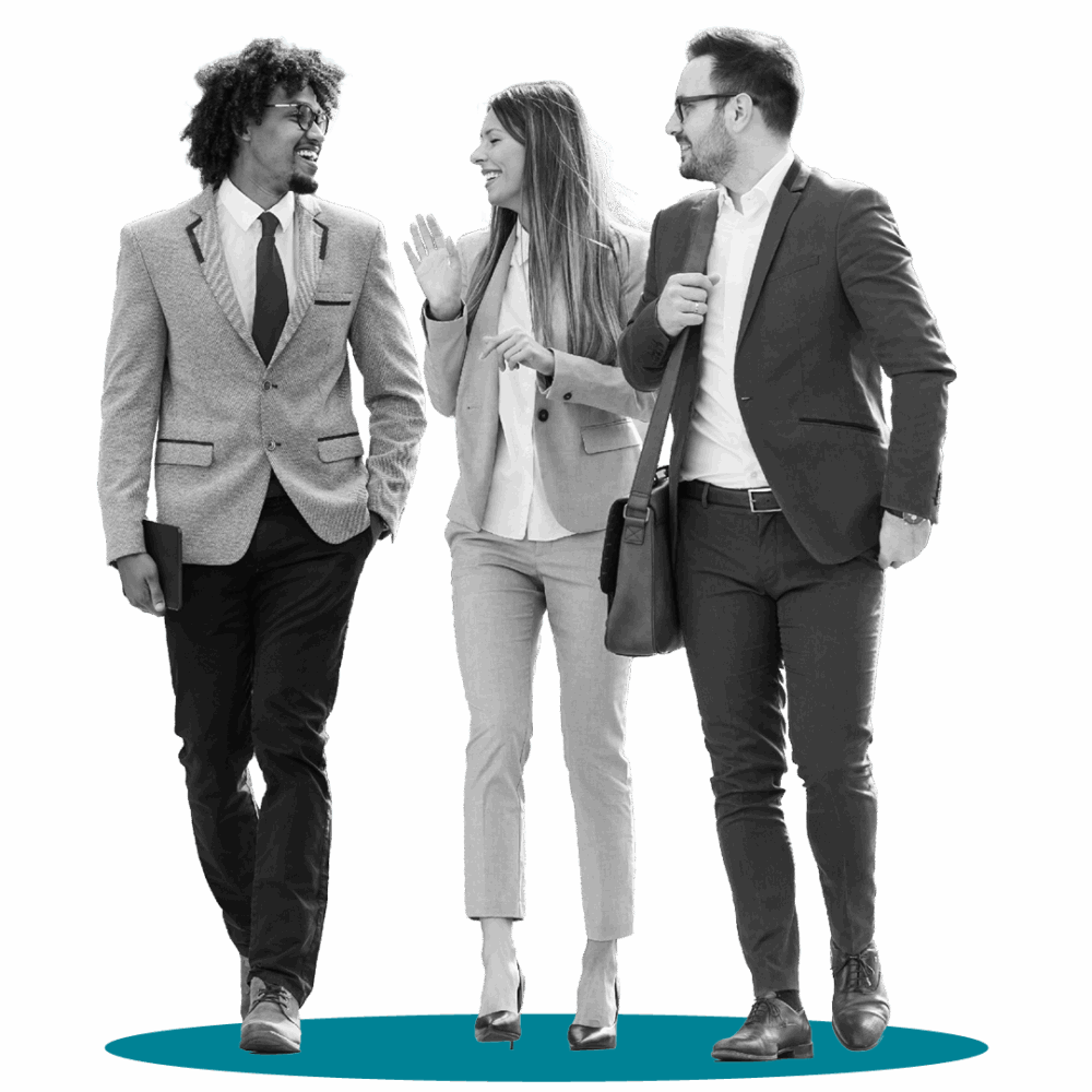 Three business professionals walking together in suits