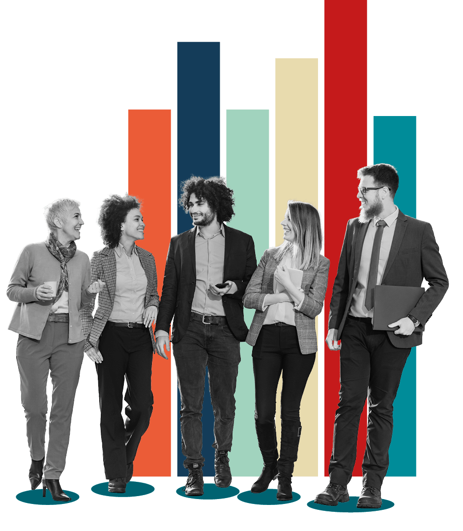 A black-and-white cutout photo of five diverse business professionals walking together, each standing on a small teal circular graphic base against a white background with large, colourful vertical bar charts.