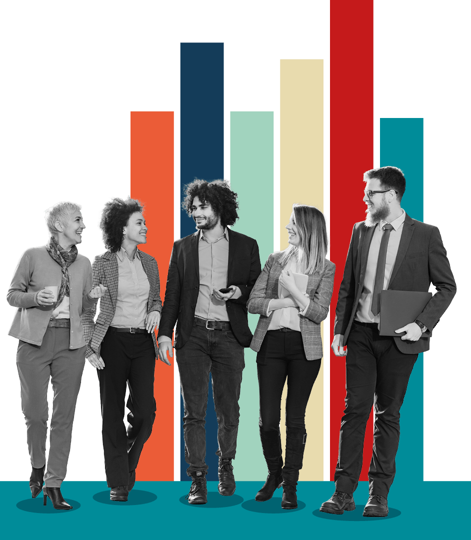 Business professionals standing in front of colorful data bar charts