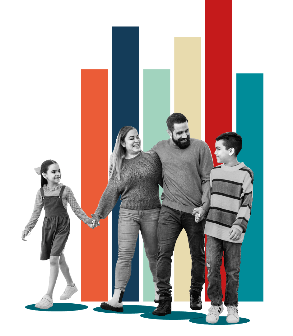 A black-and-white cutout photo of a family of four walking hand-in-hand, each standing on a small teal circular graphic base against a white background with large, colorful vertical bar charts.